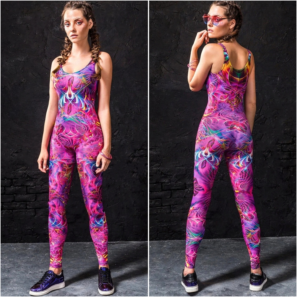 {S} BadInka Pink Fractalz Catsuit Psychedelic Bodysuit Festival Costume
